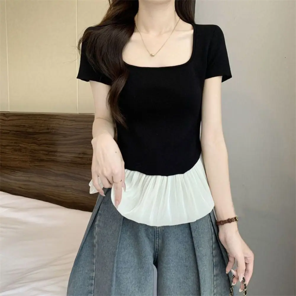 Fashion Short Sleeve Summer Knitted T-Shirt Slim Fit Patchwork Sweet Crop Tops Korean Style U-neck Mesh Ruffle T-Shirt Girls