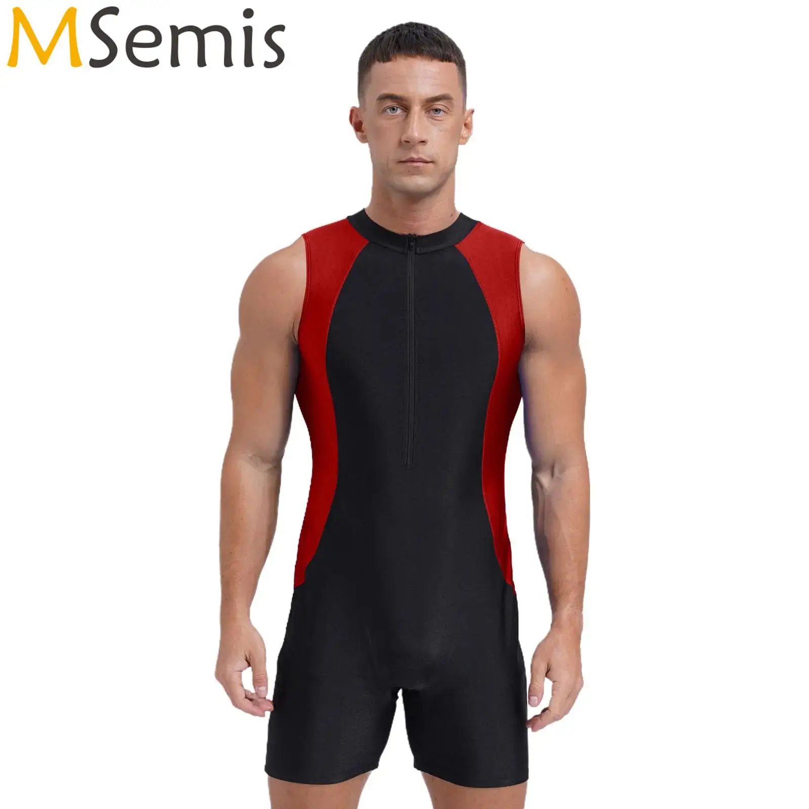 ملابس سباحة رجالية قطعة واحدة ثوب فضفاض برقبة دائرية وسحاب أمامي بدلة سباحة ملونة بدلة استحمام رياضية