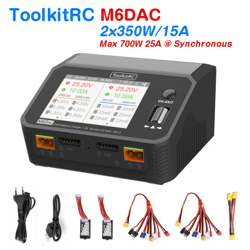 ToolkitRC M6DAC Двухканальное умное зарядное устройство Lipo для аккумуляторов 200 Вт AC DC 350WX2 15A для 1-6S LiHV Lipo батареи PD 65 Вт