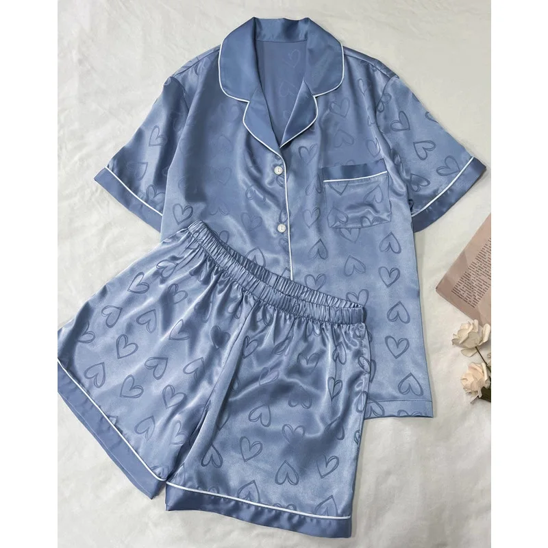 Ling 2Pcs Summer Ice Silk Pajamas Women's Short Sleeves Fresh Heart Printing Thin Casual Home Clothes Suit Blue Color