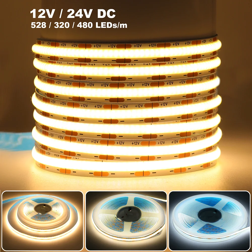 

12V 24V COB LED Strip Light 320 480 528 LEDs Flex Tape High Density Linear Lighting Warm Natural White 8mm PCB 0.5m 1m 2m 5m 10m