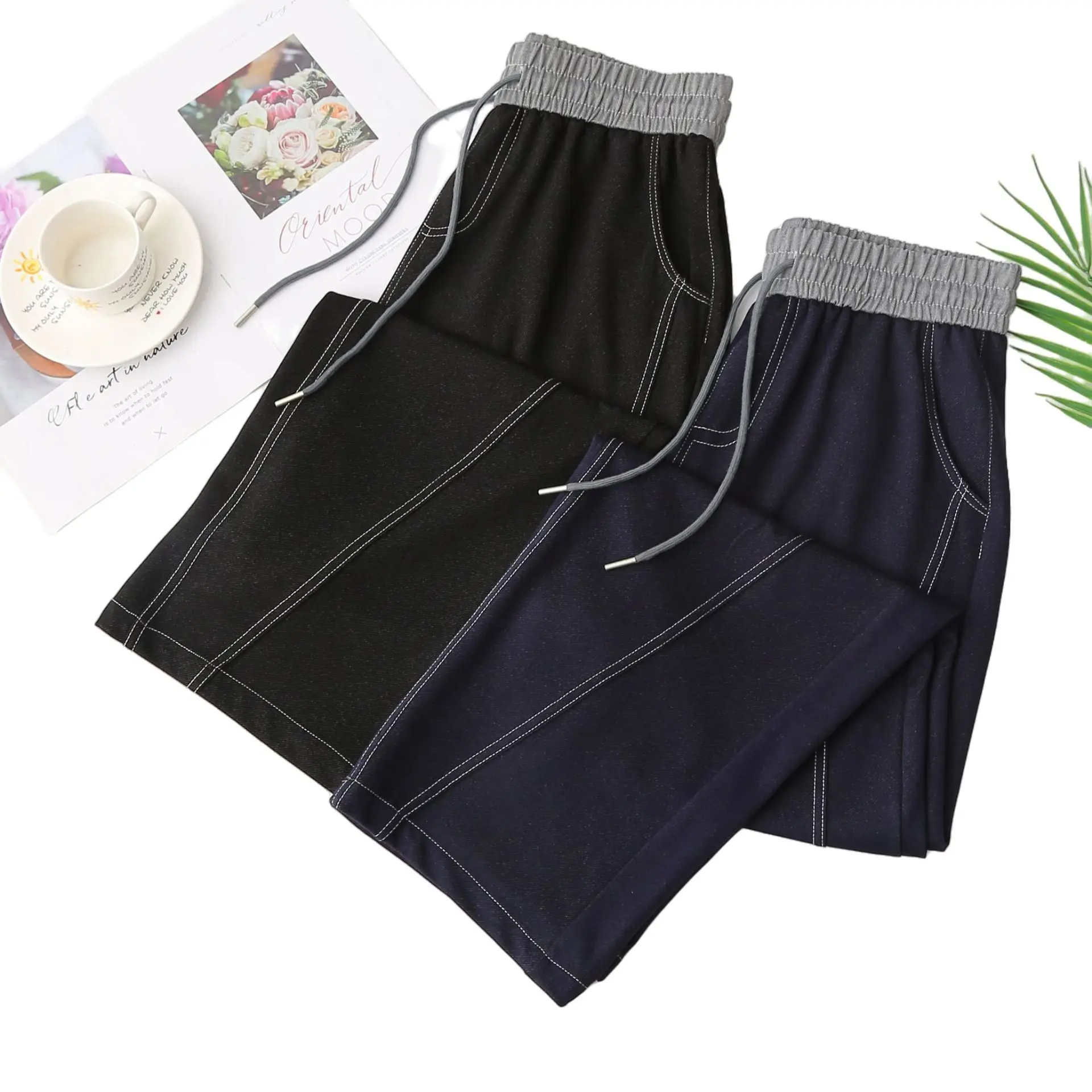 Fashion Plus Size Women's Jeans Autumn New Style Casual Drawstring Waist Color Blocking Curved Knife Straight Leg Pants 26001