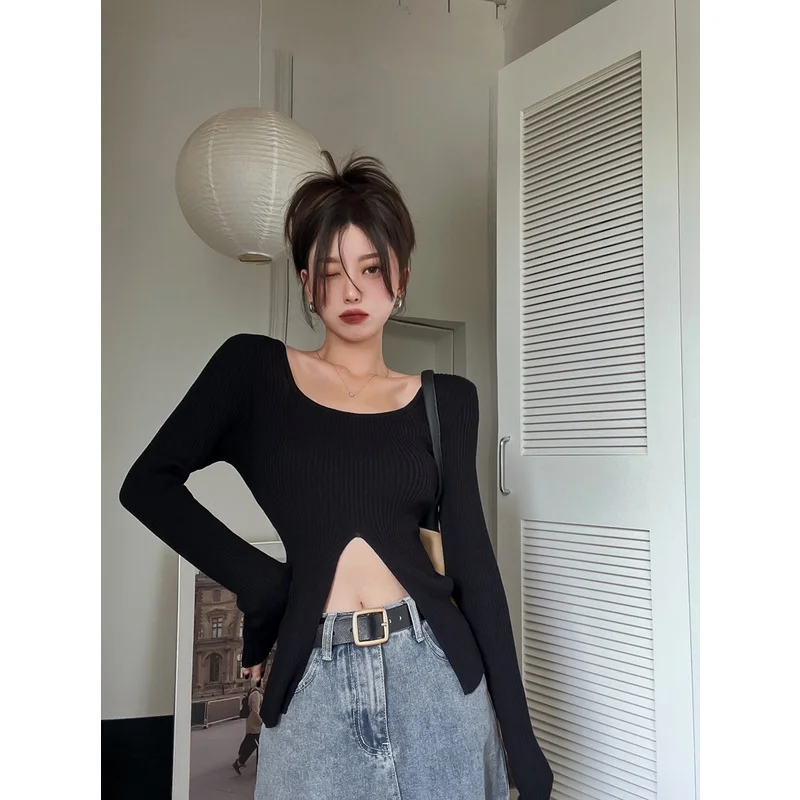 

Pure Spice Girl Split Stripe Fashion Square Neck Slim Top Shirt