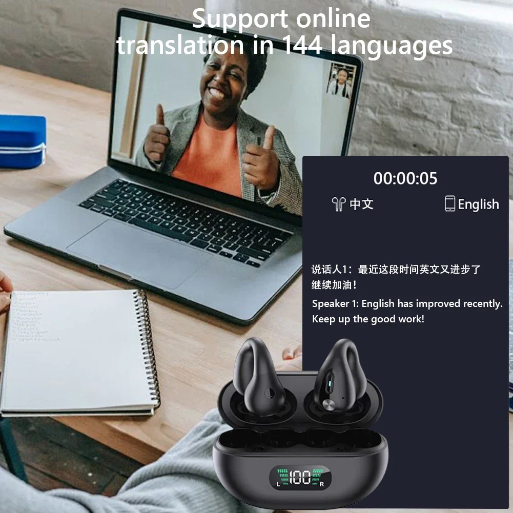 Smart AI Translator Earbuds 144 Languages Noise Cancelling Wireless BT Headset Instant Translator Smart Voice Real Time