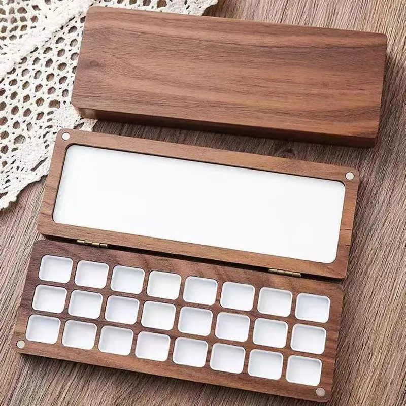 Empty Watercolor Palette Travel Portable 24Grid Walnut Paint Box Watercolor Storage Artist Painting Art Supplies