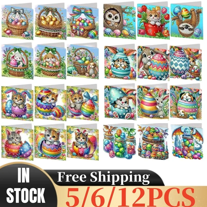 6Pcs Easter Rabbit Rhinestone Painting Card Kit Diamond Daily Wish Card Diamond Painting Greeting for Family Friends Gift