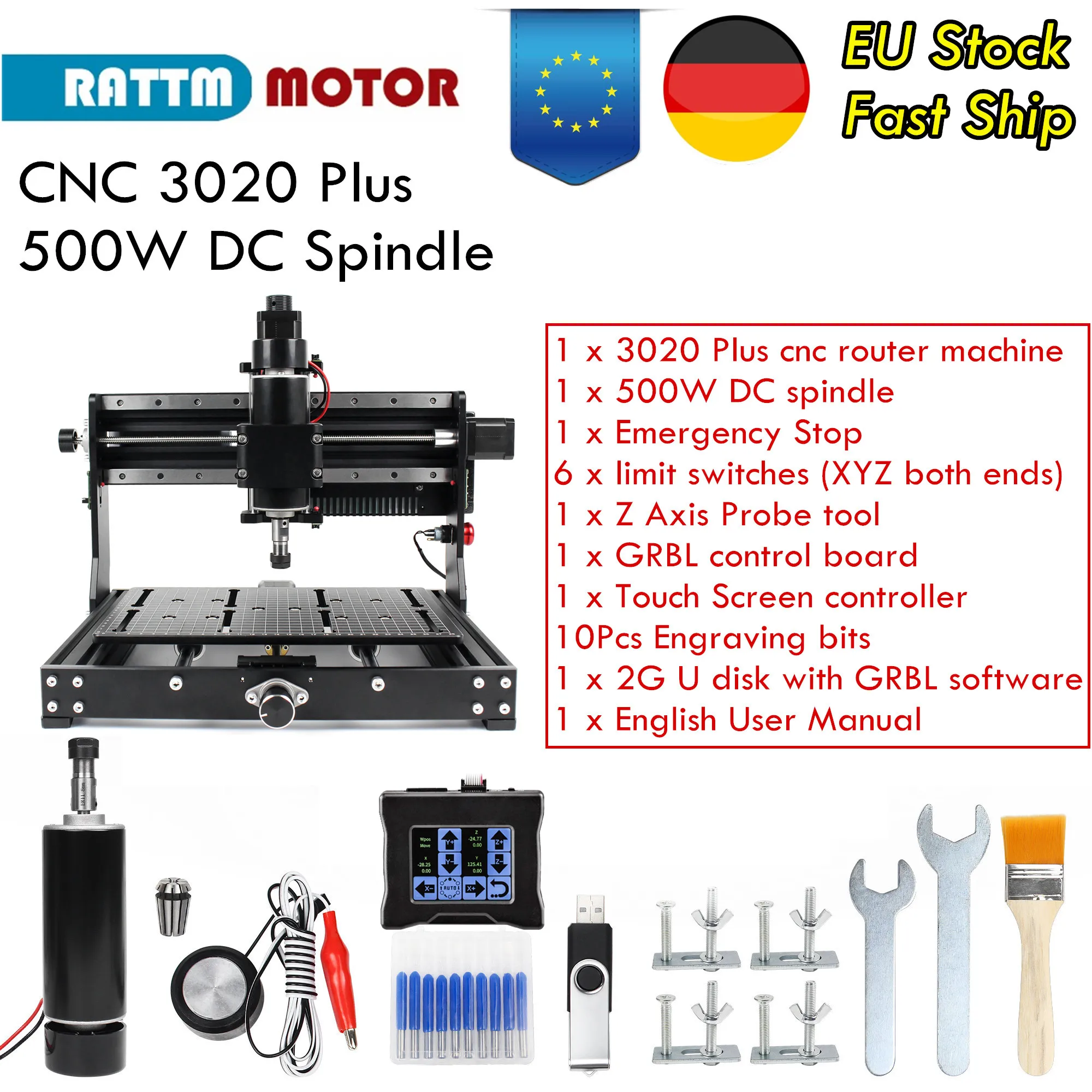 

【EU & USA】500w Spindle CNC Wood Router 3020 Plus Metal Milling Engraving Machine 3-axis DIY Laser Engraver For Cut Aluminum MDF