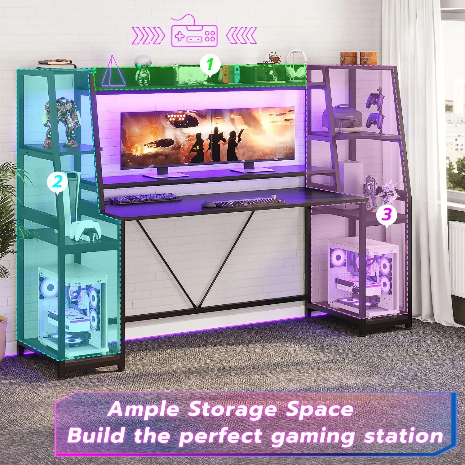 SEDETA Gaming Desk 78.8'' with LED Lights Hutch and Storage Shelves Computer Desk with Monitor Stand Large PC Gamer Desk 5