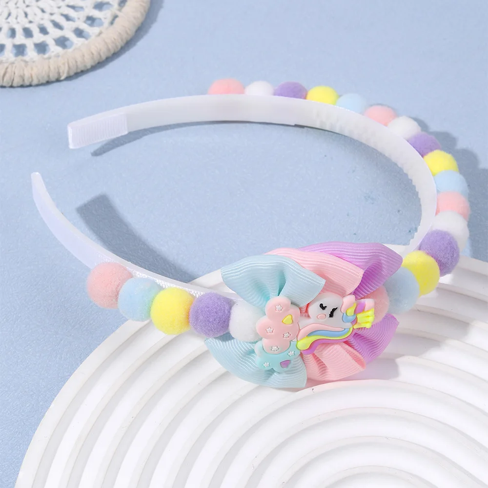 2Pcs Rabbit Fur Ball Headband Cute Rainbow Cartoon Unicorn Bow Hair Bands For Girls Children Kids Diadem Headdress Accessories