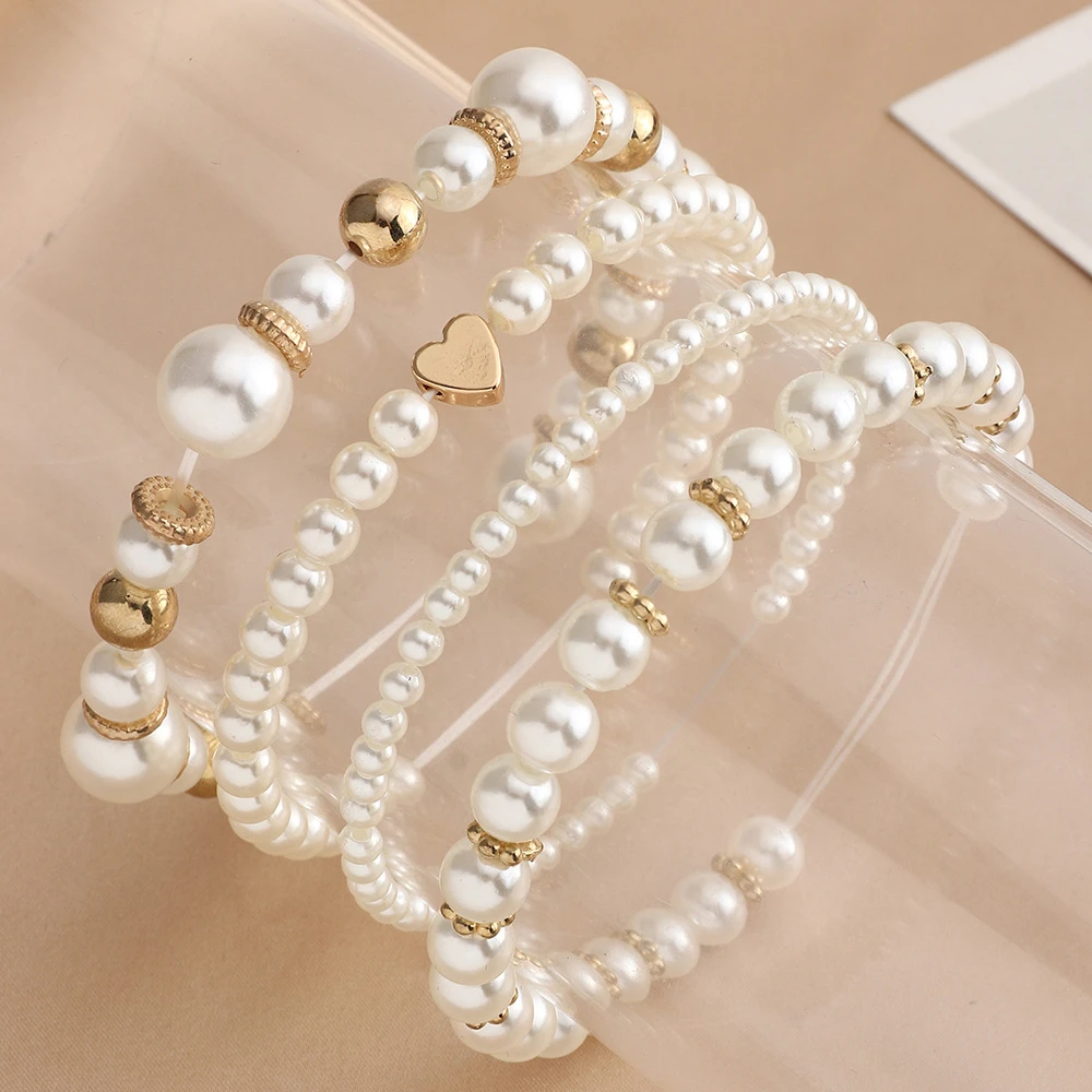 Elegant Imitation Pearl Bracelets Set for Women Fashion Heart Love