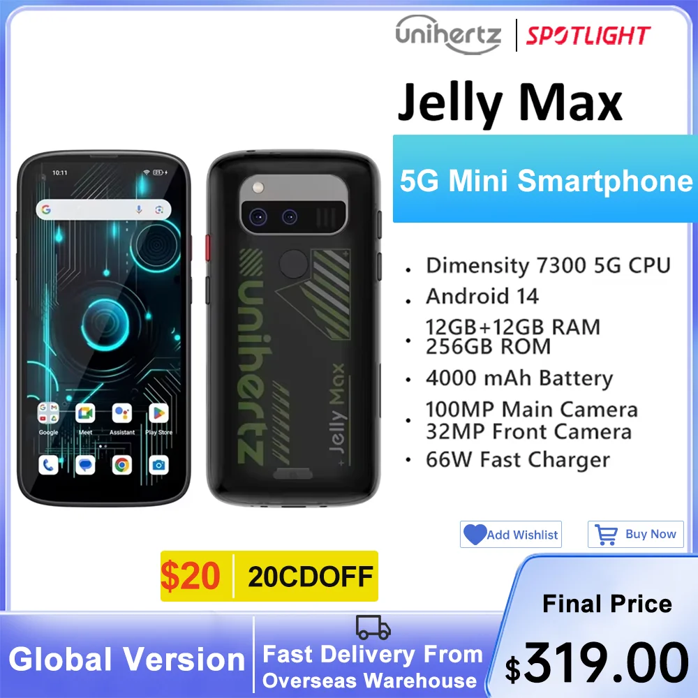 Unihertz Jelly Max 5G Mini Smartphone Android 14 Dimensity 7300 CPU 12GB 256GB 100MP Camera 4000 mAh Battery 5.05″ inch Screen