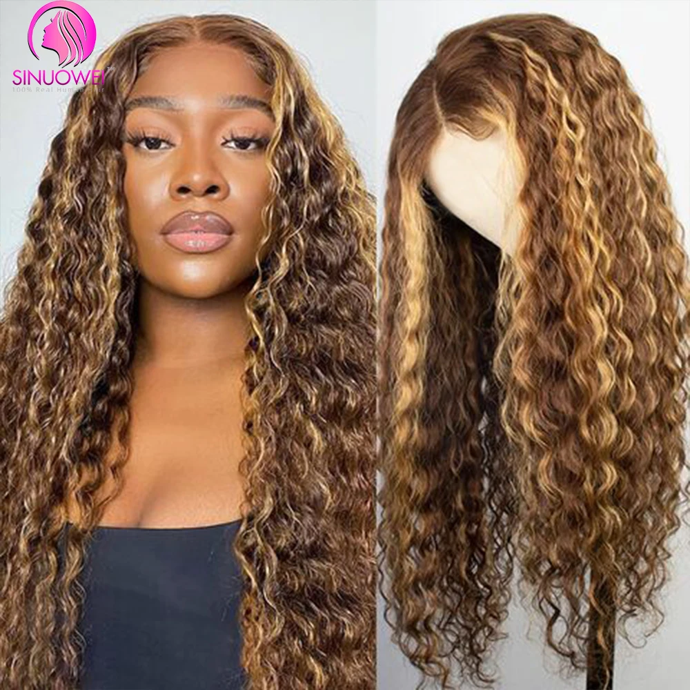 P4/27 Honey Blonde Water Wave Wig 13x4 Glueless Highlight Curly Human Hair Wigs 30 32 Inch Pre-Plucked Human Hair Wigs For Women