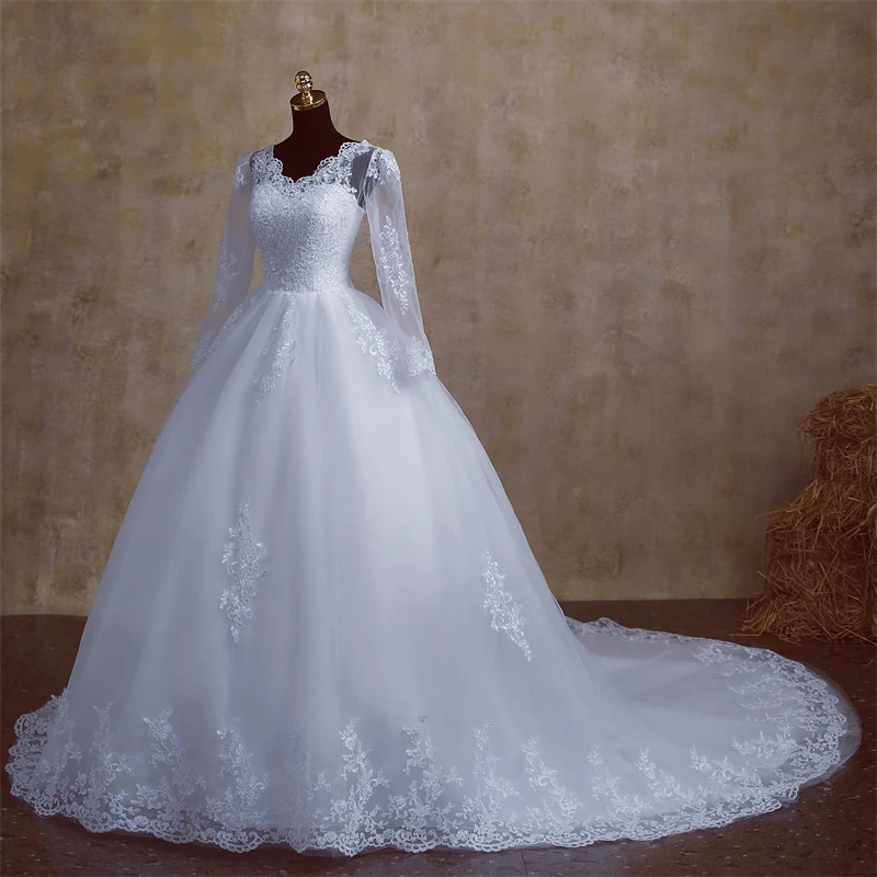 Y&M V Neck Full Sleeve Customized Plus Size Vestido De Noiva 2025 Wedding Dress Long Train or Floor Appliqe Bridal Tulle Mariage