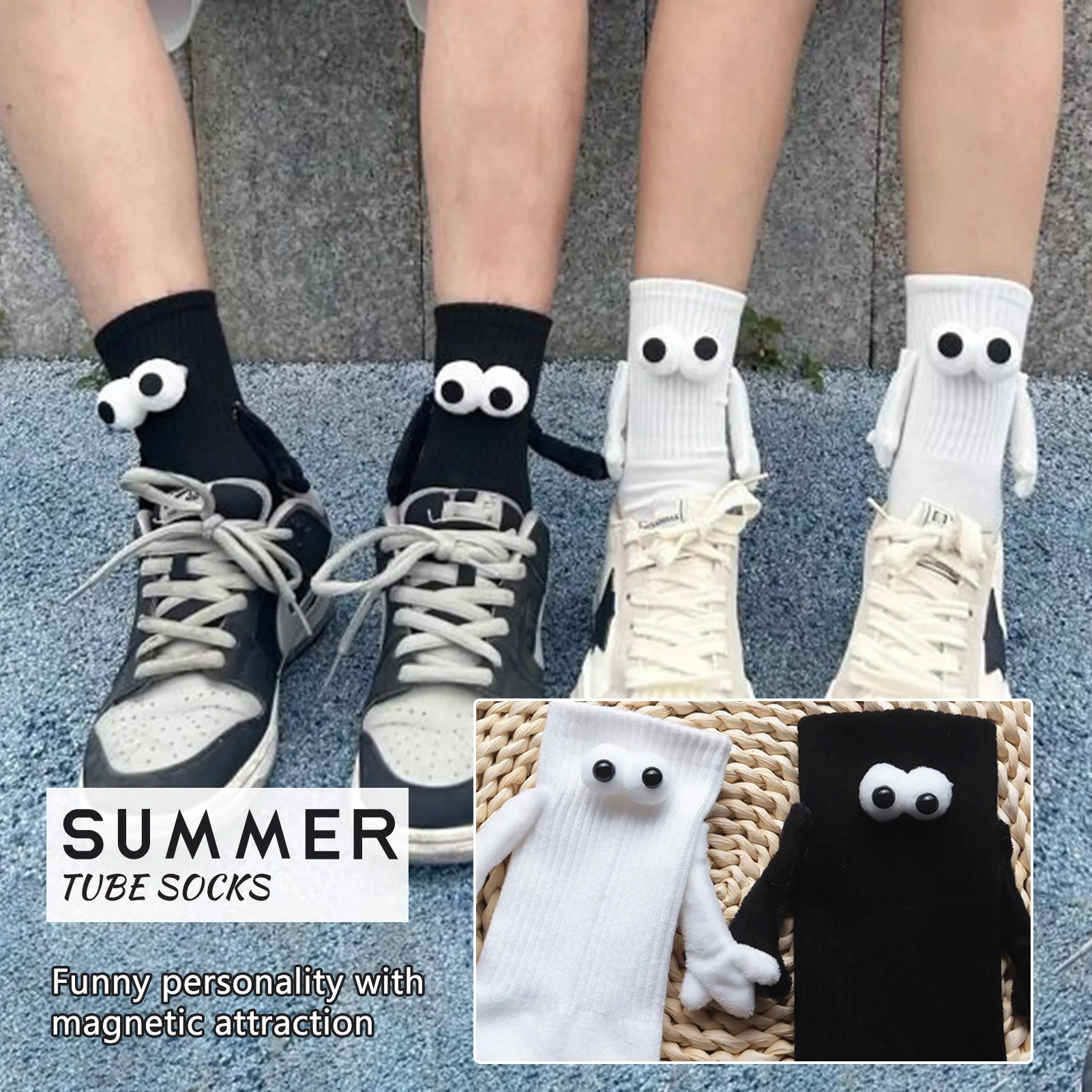 1 Pair Magnetic Socks With Hands Women Men Fashion Black White Funny Cute Cartoon Eyes Couple Mid-tube Socks for Gifts