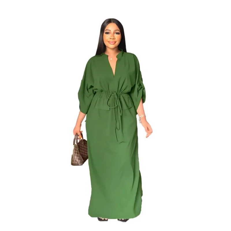 

African Dresses for Women Summer Elegant African Women Long Sleeve V-neck Polyester Solid Color Long Dress Maxi Dress