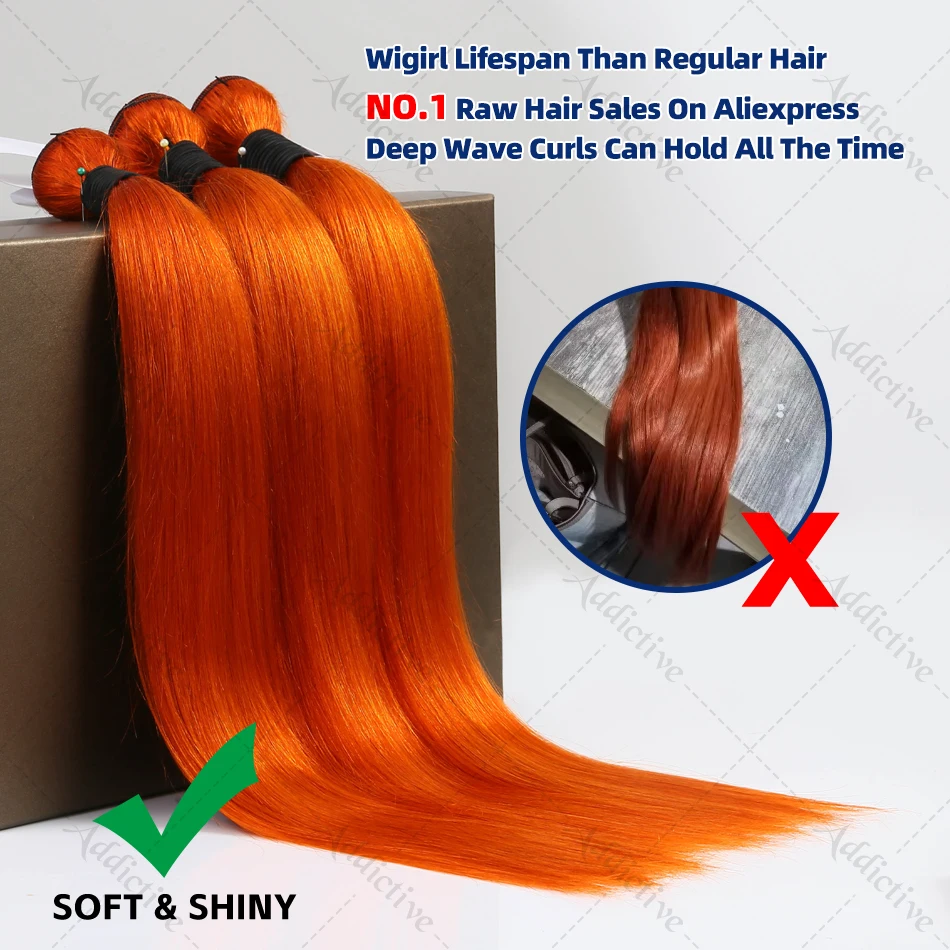 Ginger Orange Straight Bundles Human Hair Original Colored Raw Hair Bundles Double Weft Virgin Extensions Quick Weaving