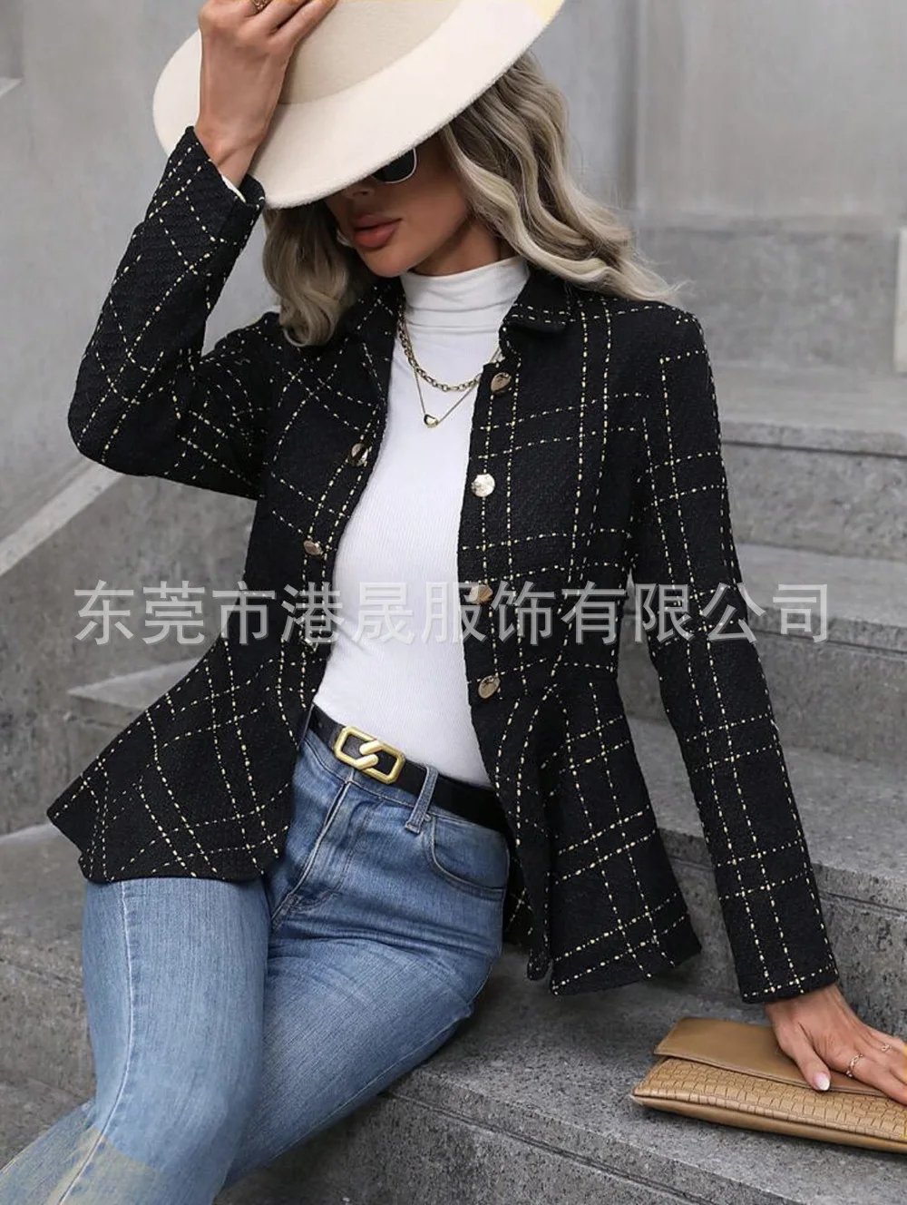 Description Picture 6 of itemFashion Lapel Jacquard Ruffled Long Sleeve Women's Coat New Autumn Winter Slim Double Breasted Elegant Female Office Suit Jacket