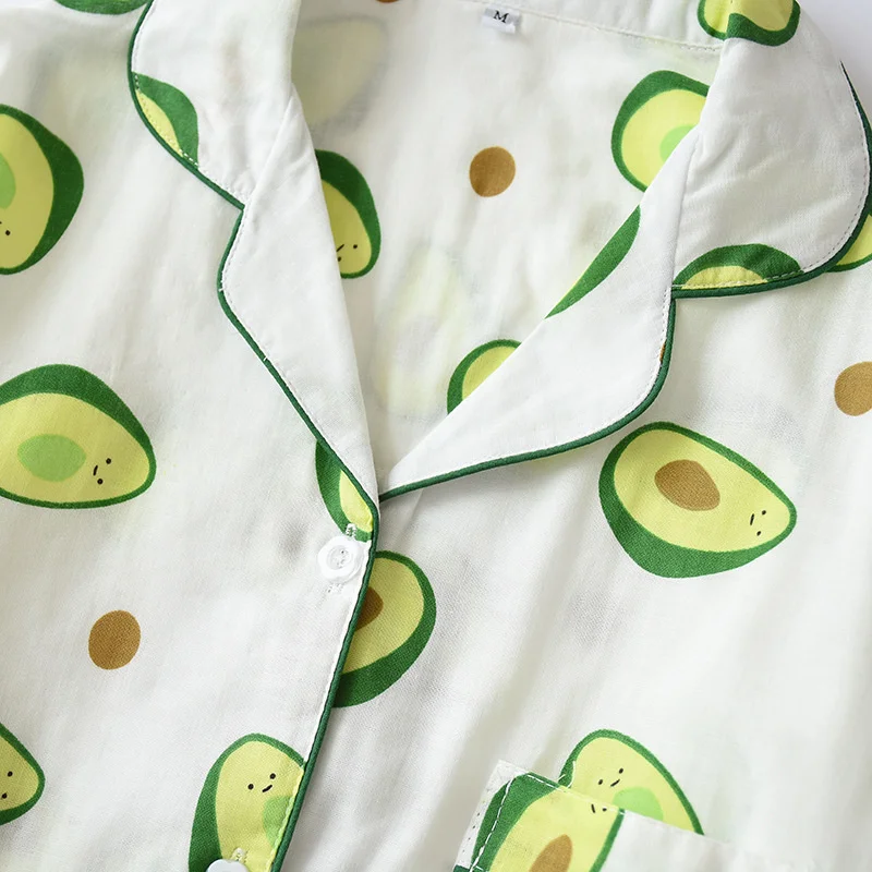 Women Pajamas Set 100% Gauze Cotton Cartoon Avocado Cactus Printed Sleepwear 2Pcs Turn-down Neck Shirt+Pants Comfort Homewear pyjama sets