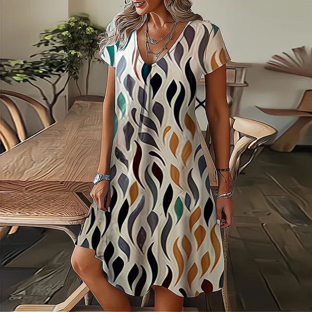 Feather Print Dresses Women Summer 2023 Clothing Short Sleeve V-Neck Mini Dress Elegant Bohemian Trendy Sundress Beach Vestidos 2