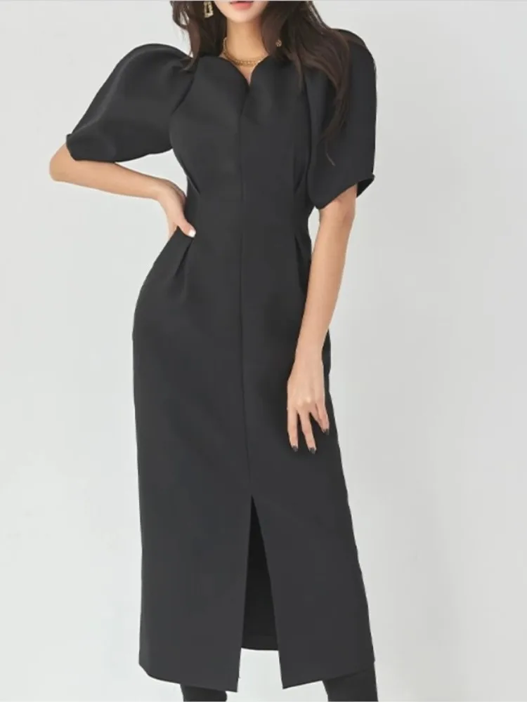 

Black Elegant Long Dress Women Office Lady One Piece Puff Sleeve Slim Waist Vestdios Korea Style Female Fashion Clothes