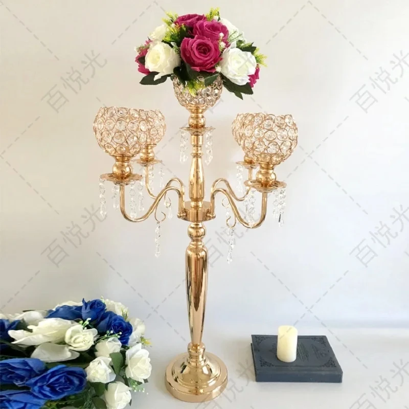 

10pcs European elegant new tall 5 arms wedding gold crystal candelabra for wedding decoration centerpiece