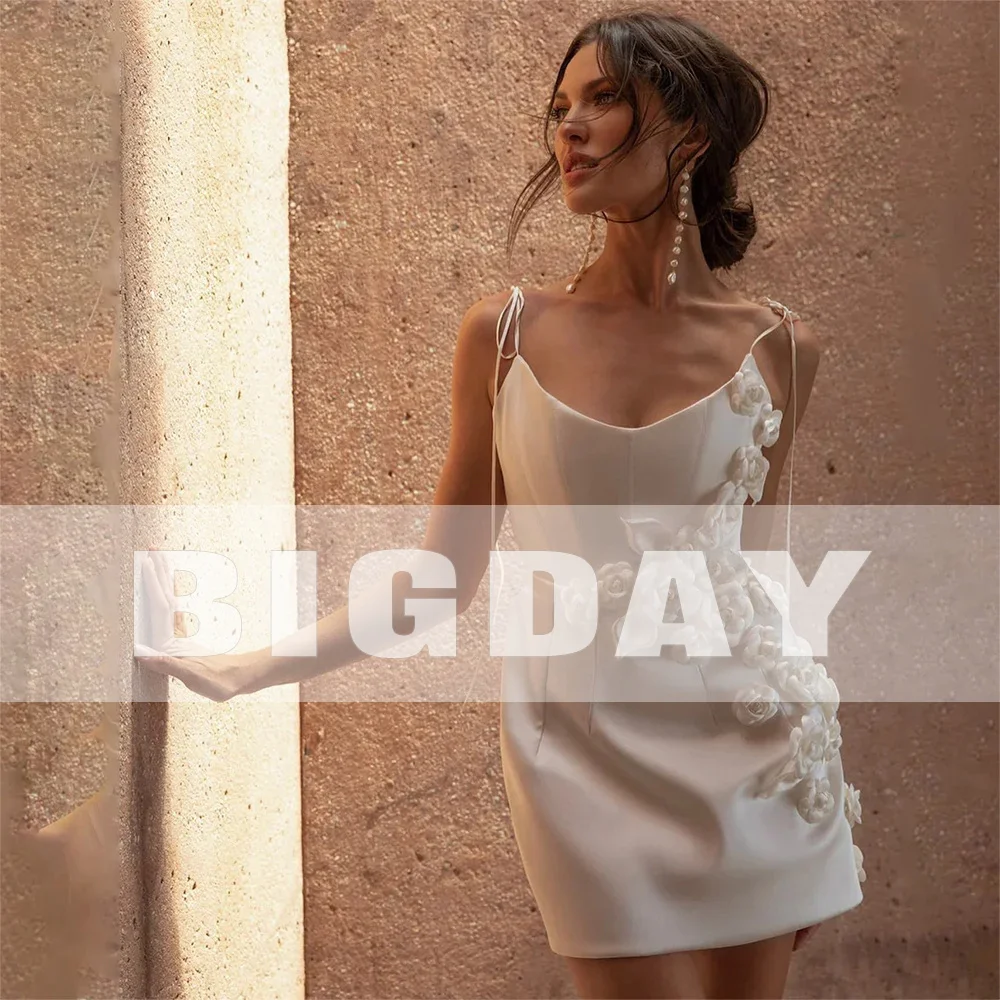 Elegant Short Wedding Dresses Scoop Collar Spaghetti Straps 3D Flowers Open Back Satin Bridal Gown Vestidos De Noiva Customized 2