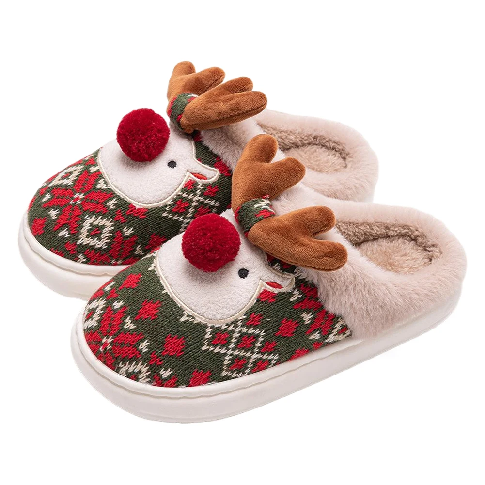 Plush Slippers Christmas Elk Fluffy Home Comfortable Furry Reindeer Anti Slip Cartoon