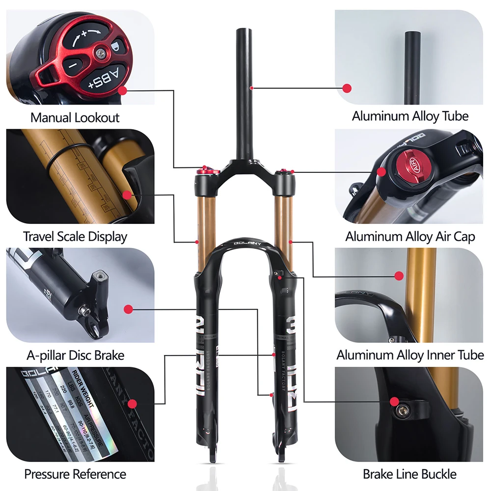 Bicicleta de montanha BOLANY com suspensão a ar de 26/27,5/29 polegadas, garfo de bicicleta com suspensão a ar e óleo de 120 mm, liberação rápida de 29 polegadas, acessórios para bicicleta MTB