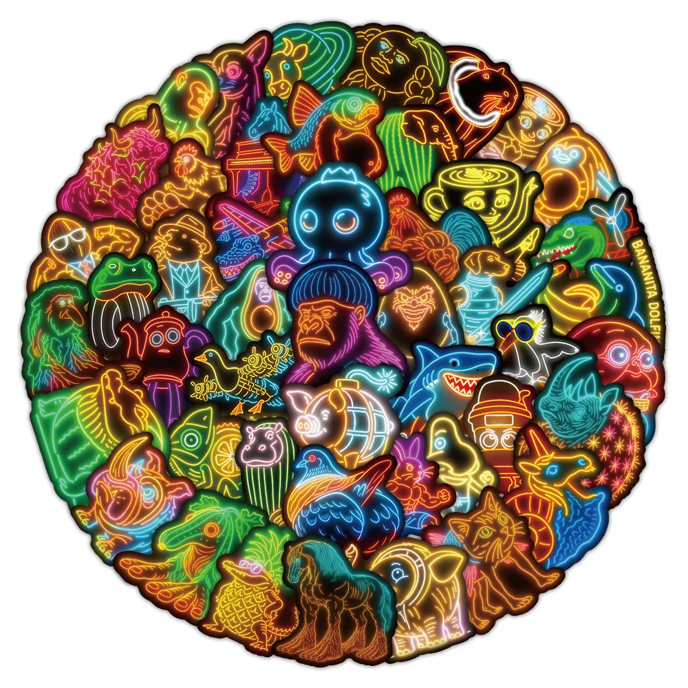 Neon Abstract Animal Stickers 50Pcs Tung Tung Sahur Italian Brainrot Animals Cartoon Decal DIY Luggage Phone Cup Guitar Stickers