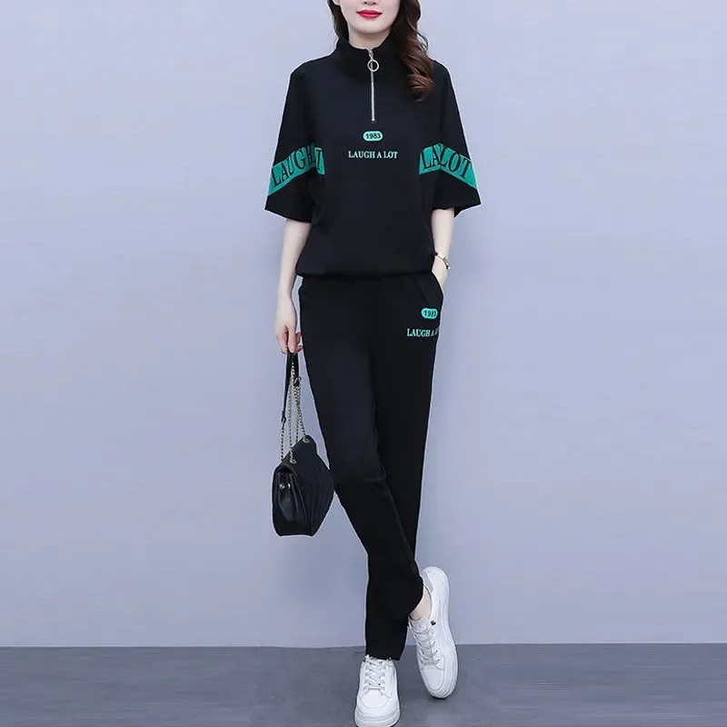 Summer Women's Casual Sports Suit Fashion Oversized Loose Versatile Lapel Short Sleeve T-shirt Straight Leg Pants Two Piece Set