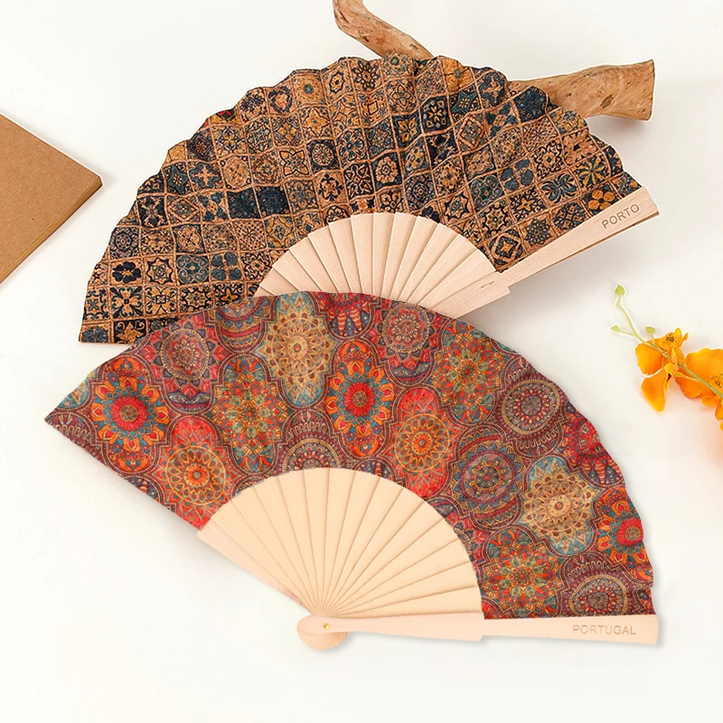 Vintage High Grade Wooden Folding Fan Cork Fabric Plaid Pattern Art Craft Home Decor Ornament Dance Hand Fan Photo Props Gift