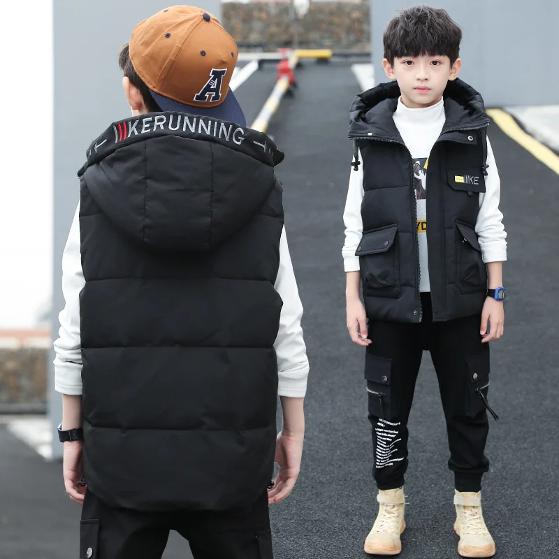 Autumn Winter Children Sleeveless Hoodies Jacket Kids Casual Waistcoat Boys Thicken Warm Long Vest Teenager Coat Outerwear children vest