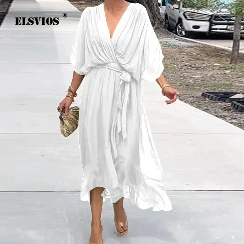 

Summer Commute Fashion Irregular Dress Solid Color Casual Bandage Half Sleeves Chiffon Dresses New Elegant Party Female Clothes