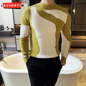 2023 Autumn/Winter British Slim Fit Color Block Half Neck Sweater Men's Long sleeved Slim Fit Casual Pullover Social Knitted Top