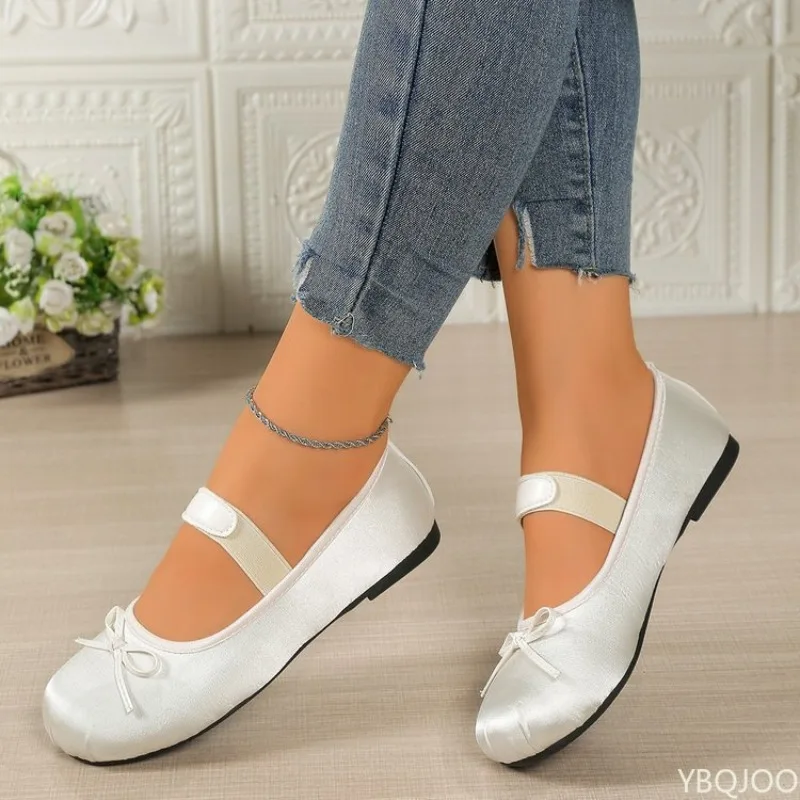 Women's Mary Jane Shoes Ballet Flats Female Bow Silk Satin shoes Round Toe Flat Women Plus Size Shallow mouth shoes 2026