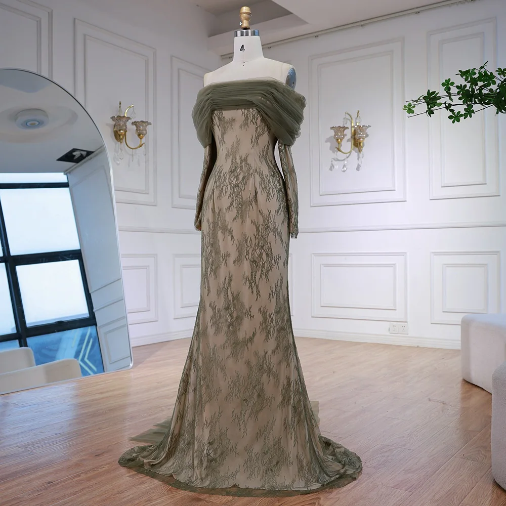 slim fit dress slacks BABARONI V Neck Lace and Chiffon Dress with Long Sleeves Olive Green, Olive Green / US0 main image 1