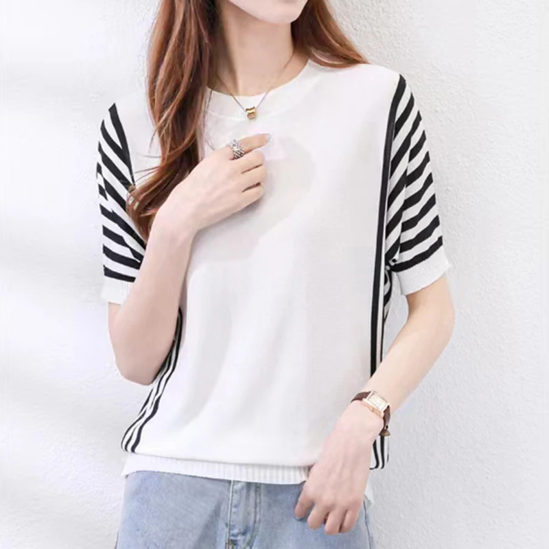 

2023 Summer Tee Shirt Femme Striped Ice Silk Short Sleeve T Shirt Women Casual Clothes Tshirt O Neck Loose Knitted Tops Female