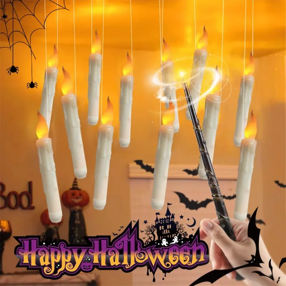 10 Candele Galleggianti LED Per Halloween Con Telecomando A Bacchetta Magica – Senza Fiamma, Tremolanti, 15,5 Cm, Con Gancio E Filo Per Decorazione Soffitto E Pareti - 4