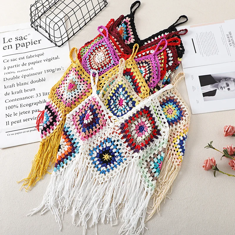 

Vintage Colorful Hand Crochet Knitted Tassel Camis Crop Top Women Summer Hollow Out Spaghetti Straps Backless Beach Outfits