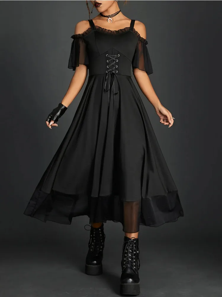 

2023 Dark Elegant Mall Gothic Bandage Women Dresses Grunge Mesh Patchwork A-line Midi Dress Punk Off Shoulder Ruffles Partywear