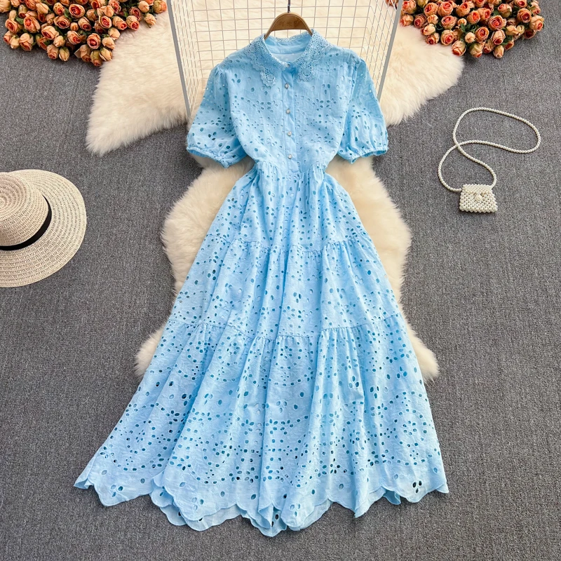 Elegant Puff Sleeve Single Breasted Long Dress For Women Summer Short Sleeve High Waist A Line Dress Lady Hollow Out Vestidos