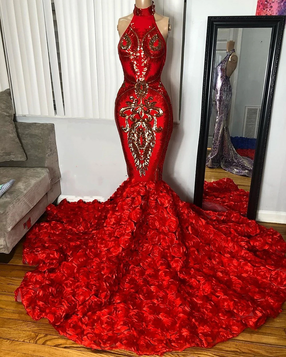 

Luxury Red Sequined Mermaid Prom Dresses 3d Foral Long African Formal Evening Dress Sleeveless 2023 Brithday Party Gowns