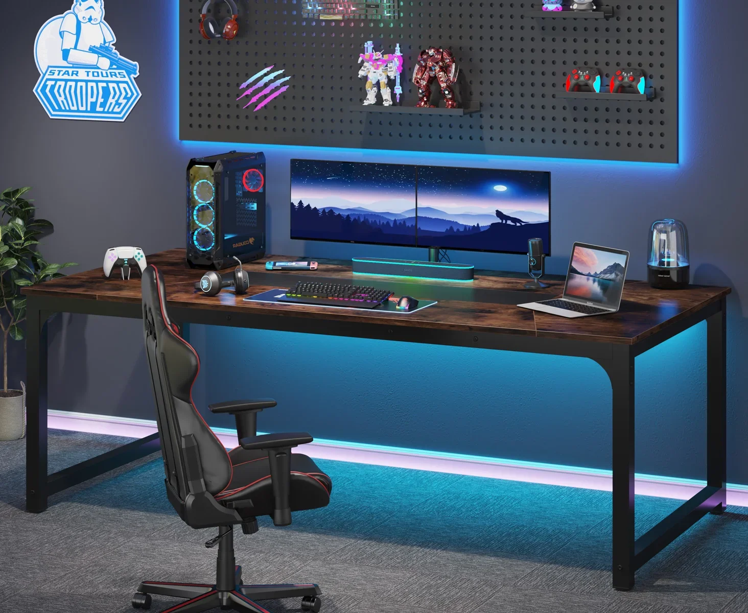 Modern office desk setup with multiple monitors