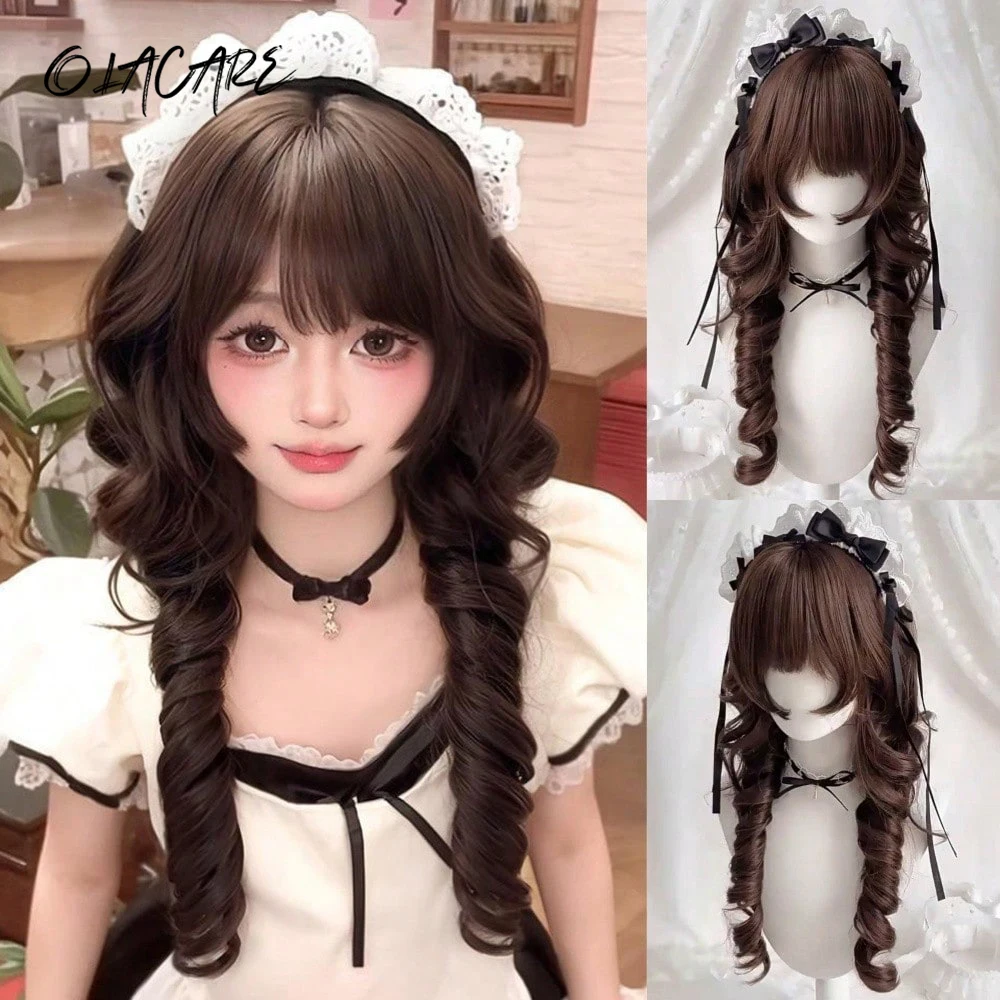 Brown Synthetic Long Deep Wave Wig with Bangs for Women