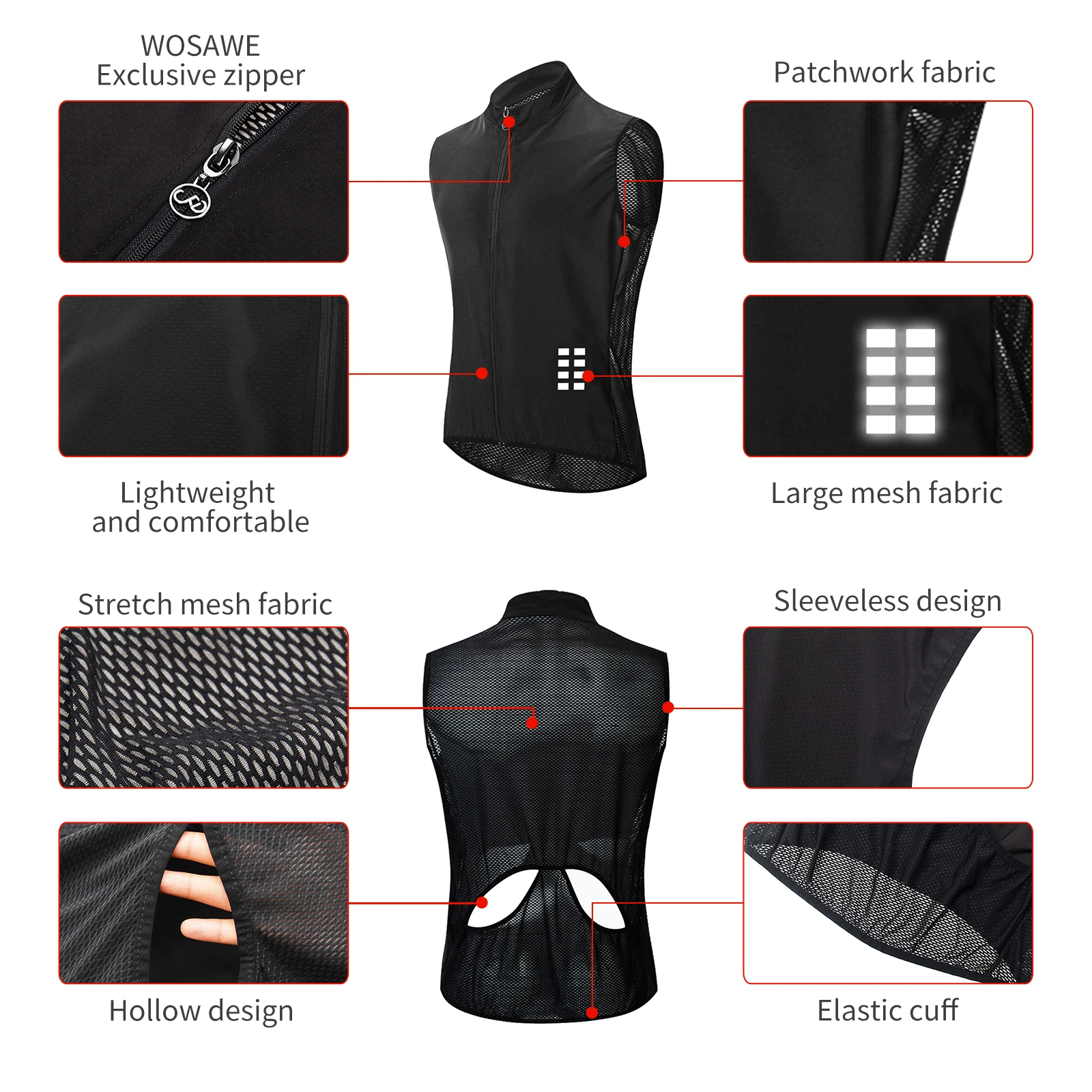 WOSAWE Reflective Cycling Vest Mesh Windproof Lightweight Ciclismo Mtb Bike Sleeveless Jersey Breathable Clothing Cycling Gilet