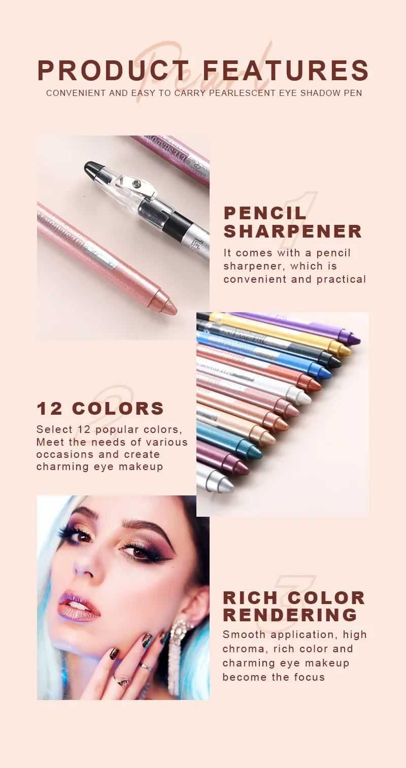 Pearlescent Eyeshadow Pen Lying Silkworm Eyeliner Pencil with Sharpener Matte Waterproof Eye Shadow Stick Eyes Makeup Cosmetics