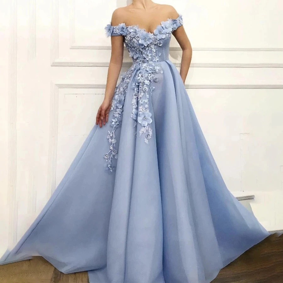 

2023 New In Blue Prom Dresses Off The Shoulder 3D Floral Beads Women Evening Gowns Corset Up Back Formal Occasion Robe