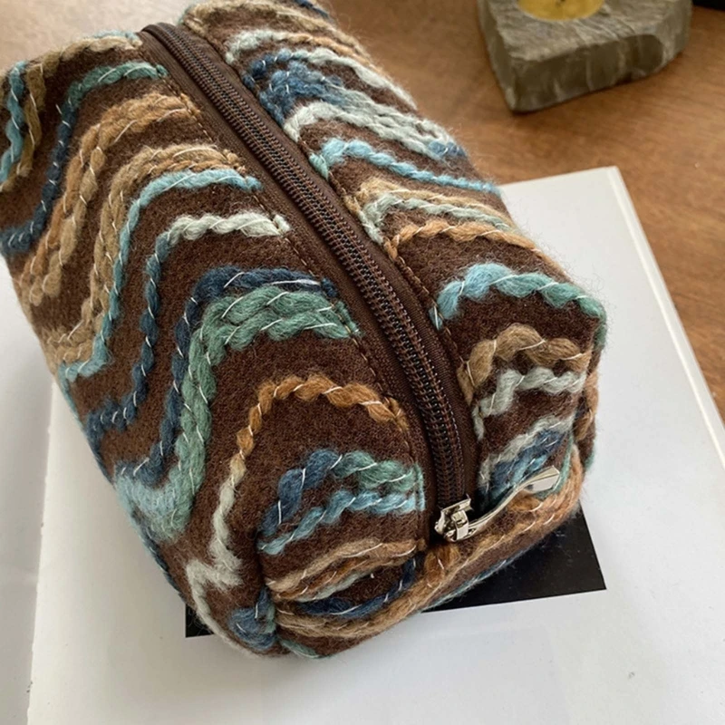 Versatile Woolen Striped Makeup Bag Suitable for Travel Office and Daily Use