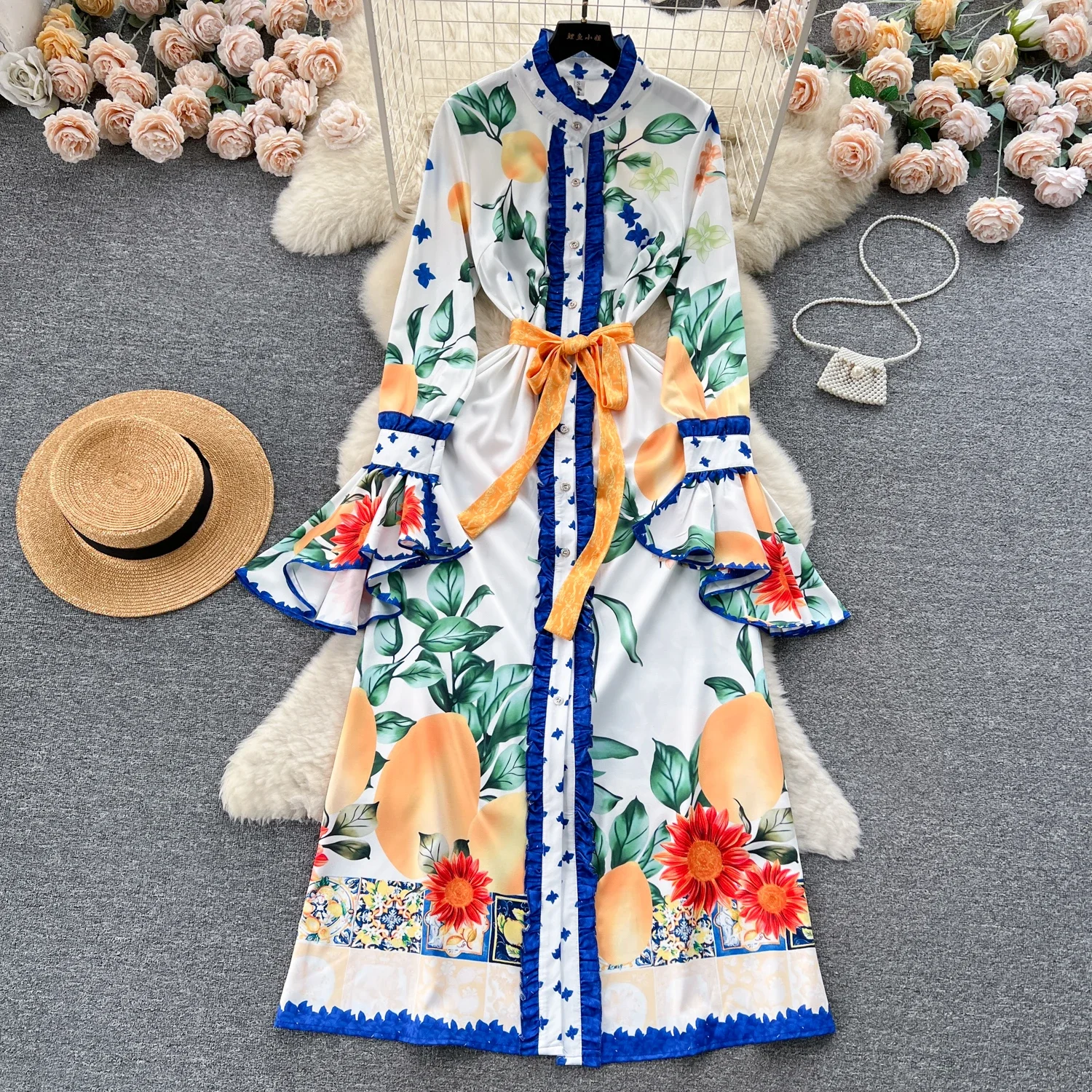 

Женское облегающее платье-трапеция, элегантное винтажное платье с длинным рукавом, воротником-стойкой и принтом во французском стиле, осень