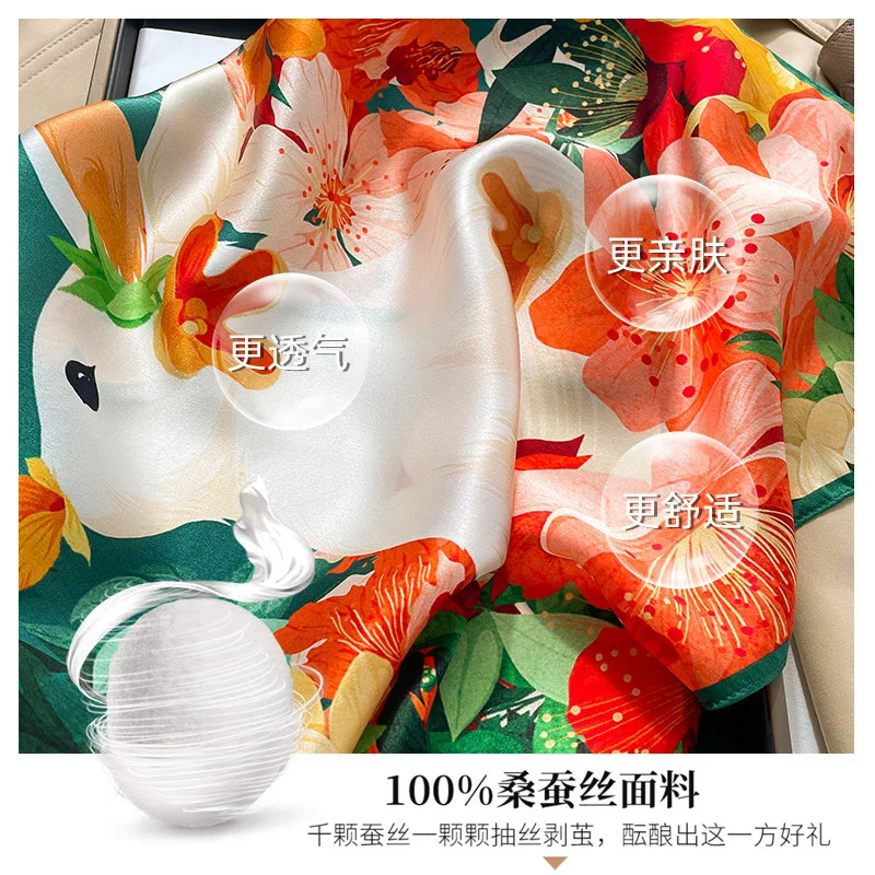 100% Real Silk Square Scarves Women Bandana High Quality Floral Printed Foulard Hair Tie Soft Neckerchief 5